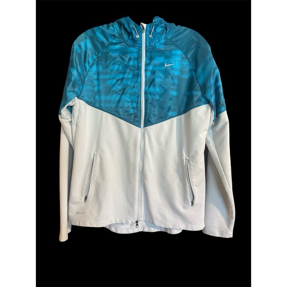 Nike Running Jacket Windbreaker Women’s L Dri-Fit Blue White Lightweight Zip Up